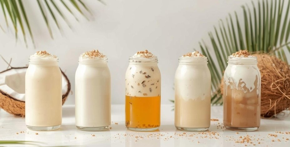 Assorted coconut milk and nata de coco beverages showcasing five different flavor variations